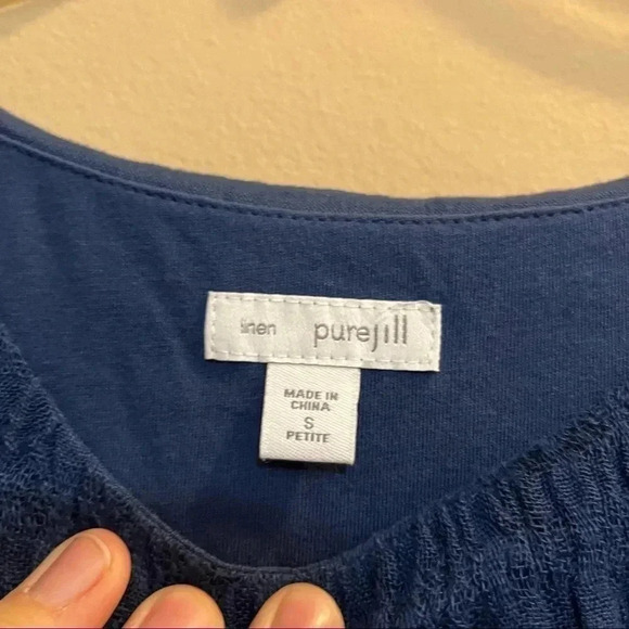 PURE JILL Sleeveless Linen Dress Tiered Overlay Crinkle Lagenlook Blue Petite S - Picture 6 of 12